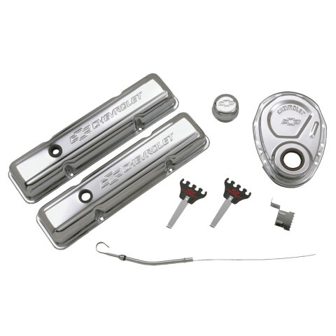 Engine Dress-Up Kit; Chrome with Stamped Chevy Logo; Fits SB Block Chevy Engines