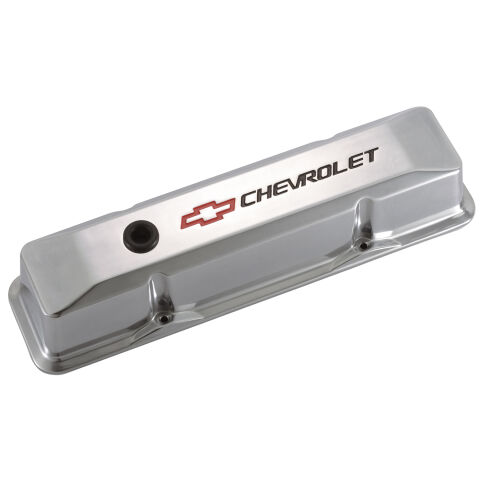 Engine Valve Covers; Tall Style; Die Cast; Polished with Bowtie Logo; SB Chevy