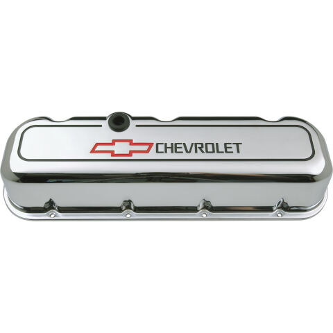 Engine Valve Covers; Tall Style; Die Cast; Chrome with Bowtie Logo; BB Chevy