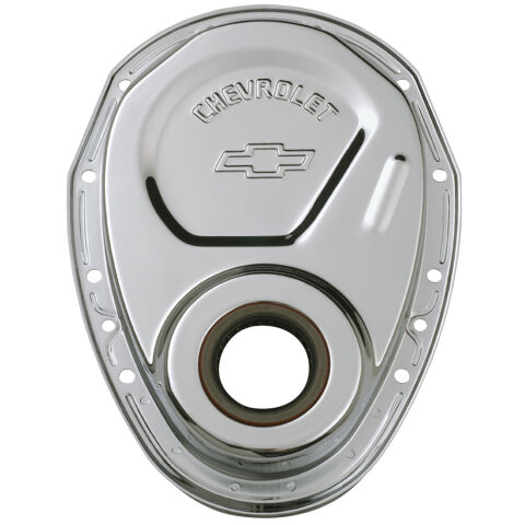 Timing Chain Cover; Chrome; Steel; With Chevy and Bowtie Logo; SB Chevy 69-91