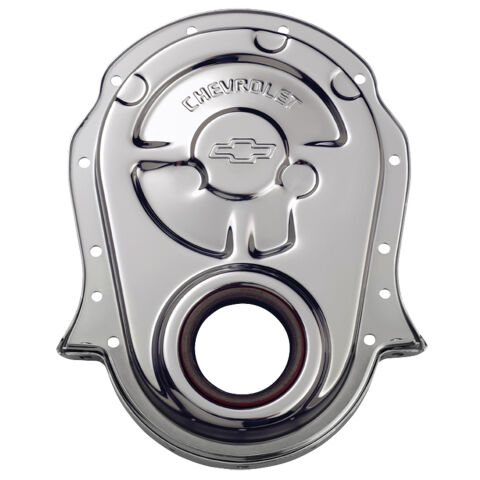 Engine Timing Chain Cover; Chrome; Steel; w/ Chevy and Bowtie Logo; For BB Chevy