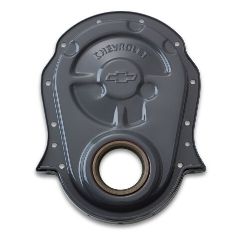 Engine Timing Chain Cover; Shark Gray; Bowtie Emblem; Steel; Fits BB Chevy
