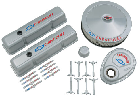 Engine Dress-Up Kit; Gray w/Blue Bowtie Logo; Fits SB Block Chevy Engines