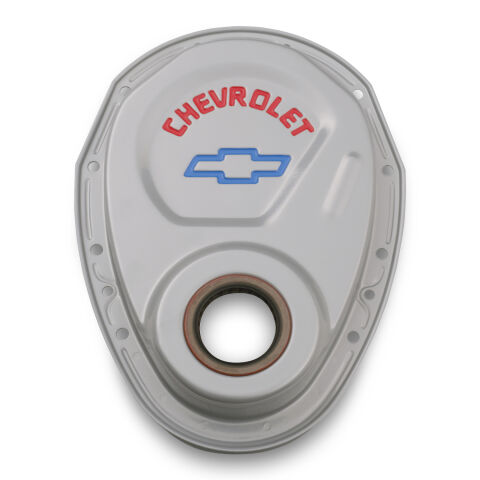 Timing Chain Cover; Gray; Steel; With Chevy and Bowtie Logo; For SB Chevy 69-91