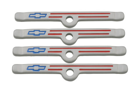 Engine Valve Cover Holdown Clamps; Gray with Blue Bowtie Logo; SB Chevy; 4 Pcs