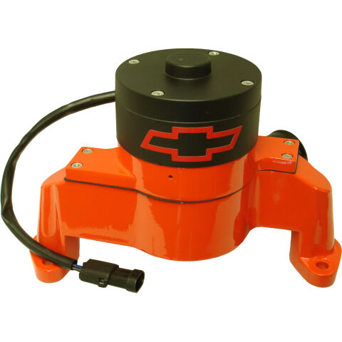 Electric Engine Water Pump; Aluminum; Orange with Bowtie Logo; Fits SB Chevy