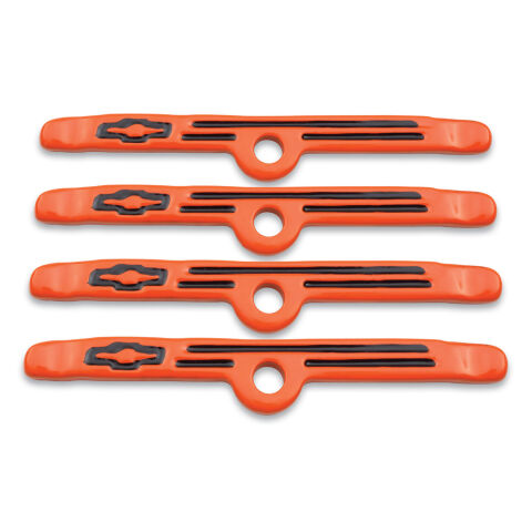 Engine Valve Cover Holdown Clamps; Orange with Black Bowtie Logo; SB Chevy; 4 Pc