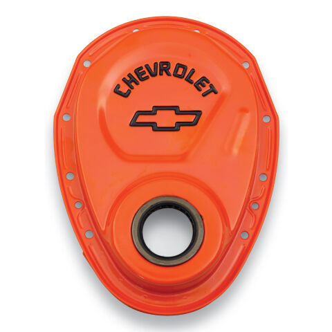 Timing Chain Cover; Orange; Steel; With Chevy Bowtie Logo; SB Chevy 69-91