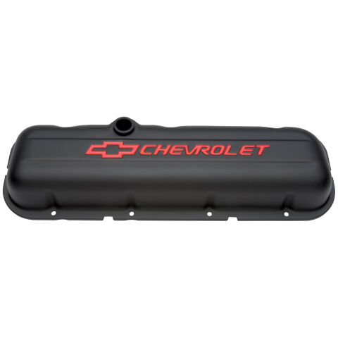 Engine Valve Covers; Stamped Steel; Short; Black; w/ Bowtie Logo; Fits BB Chevy