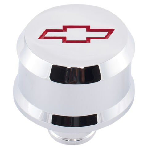 Slant-Edge Aluminum Breather Cap; Recessed Red Bowtie Emblem; Push-In; Chrome