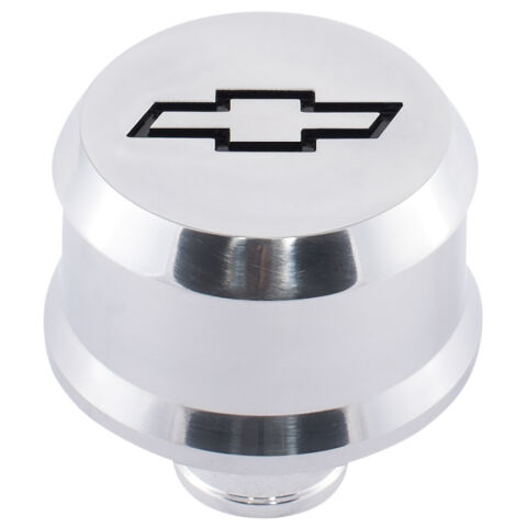 Slant-Edge Aluminum Breather Cap; Recessed Blk Bowtie Emblem; Push-In; Polished