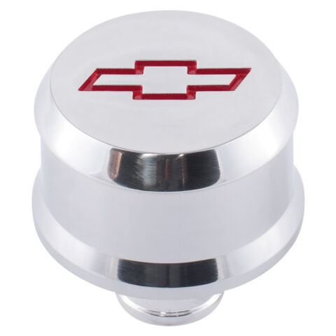 Slant-Edge Aluminum Breather Cap; Recessed Red Bowtie Emblem; Push-In; Polished