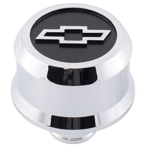 Slant-Edge Aluminum Breather Cap; Blackfield Bowtie Emblem; Push-In; Chrome