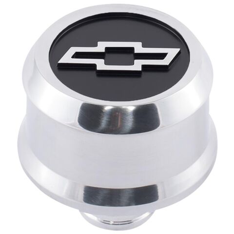 Slant-Edge Aluminum Breather Cap; Blackfield Bowtie Emblem; Push-In; Polished