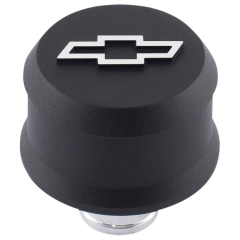 Slant-Edge Aluminum Breather Cap; Raised Bowtie Emblem; Push-In; Black Crinkle