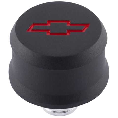 Slant-Edge Aluminum Breather Cap; Recssd Red Bowtie Emblem; Push-In; Blk Crinkle