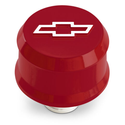 Slant-Edge Aluminum Breather Cap; Raised Bowtie Emblem; Push-In; Red