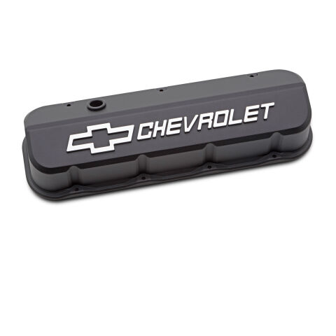 Engine Valve Covers; Tall; Die-Cast; BB Chevy; Black Crinkle w Raised Chevy Logo