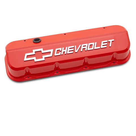 Engine Valve Covers; Tall; Die-Cast; BB Chevy; Chevy Orange w/ Raised Chevy Logo