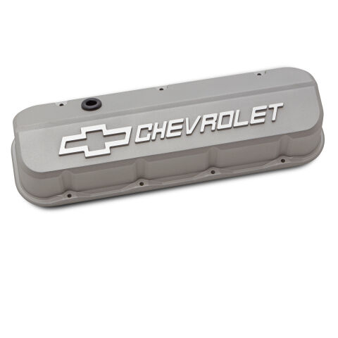 Engine Valve Covers; Tall; Die-Cast; BB Chevy; Cast Gray with Raised Chevy Logo