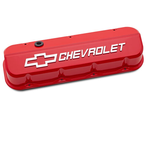 Engine Valve Covers; Tall; Die-Cast; BB Chevy; Red with Raised Chevy Logo