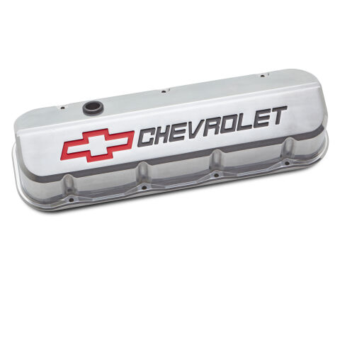 Engine Valve Covers; Tall; Die-Cast; BB Chevy; Polished w Red/Blk Chevy Logo