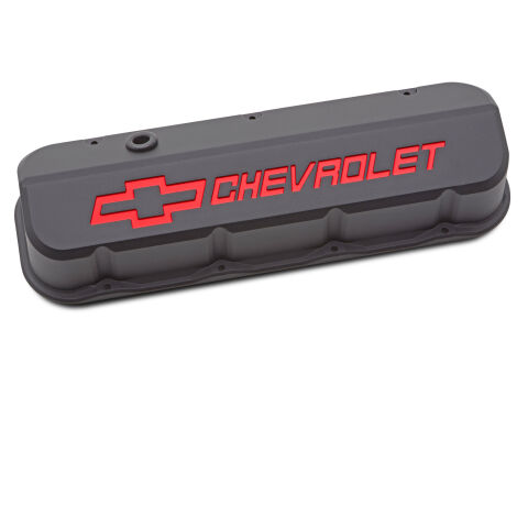 Engine Valve Covers; Tall; Die-Cast; BB Chevy; Black Crinkle w/ Red Chevy Logo