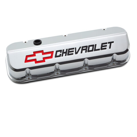 Engine Valve Covers; Tall; Die-Cast; BB Chevy; Chrome w Red/Blk Chevy Logo