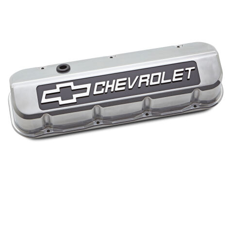 Engine Valve Covers; Tall; Die-Cast; BB Chevy; Polished w/ Blackfield Chevy Logo