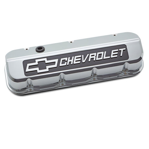 Engine Valve Covers; Tall; Die-Cast; BB Chevy; Chrome w/ Blackfield Chevy Logo