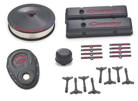 Engine Dress-Up Kit; Shark Gray; Red Emblems; Fits SB Chevy Gen 1 V8 Engines