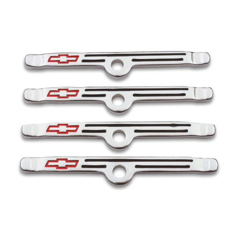 Engine Valve Cover Holdown Clamps; Chrome with Red Bowtie Logo; SB Chevy; 4 Pcs