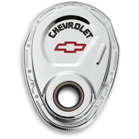 Timing Chain Cover; Chrome; Steel; With Chevy and Bowtie Logo; SB Chevy 69-91