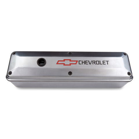 Engine Valve Cover; 2-Piece Tall Style; Die Cast; Polish w/Bowtie Logo; SB Chevy