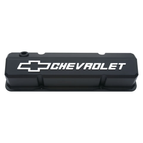 Valve Covers; Slant-Edge Tall; Die Cast; Black w/ Raised Bowtie Logo; SB Chevy