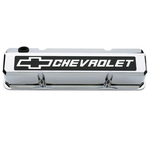 Valve Covers; Slant-Edge Tall; Die Cast; Chrome w/Raised Bowtie Logo; SB Chevy