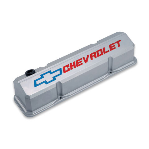 Valve Covers; Slant-Edge Tall; Die Cast; Gray w/Recessed Bowtie Logo; SB Chevy