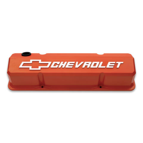 Valve Covers; Slant-Edge Tall; Die Cast; Orange w/ Raised Bowtie Logo; SB Chevy