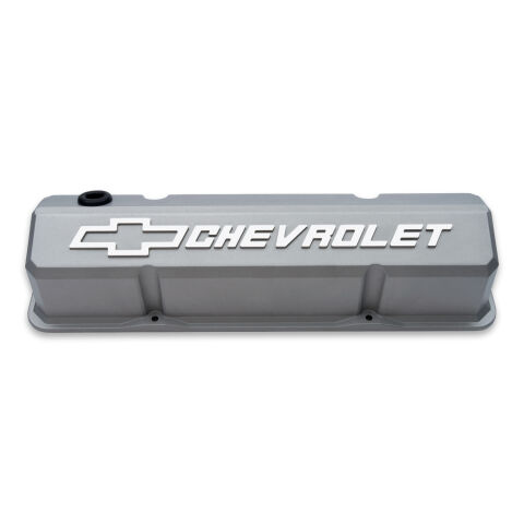 Valve Covers; Slant-Edge Tall; Die Cast; Gray w/Raised Bowtie Logo; For SB Chevy