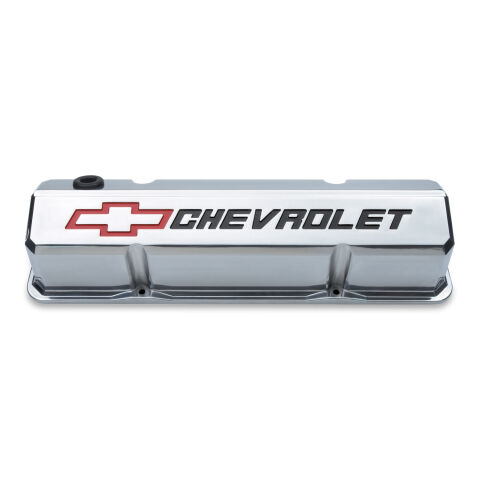 Valve Covers; Slant-Edge Tall; Die Cast; Polish w/Recessed Bowtie Logo; SB Chevy