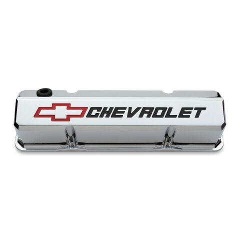 Valve Covers; Slant-Edge Tall; Die Cast; Chrome w/Recessed Bowtie Logo; SB Chevy