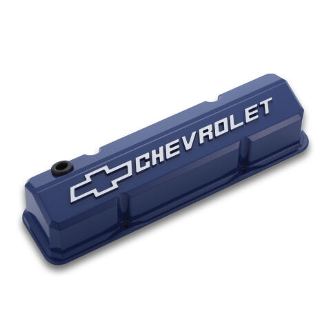 Valve Covers; Slant-Edge Tall; Die Cast; Blue w/ Raised Bowtie Logo; SB Chevy