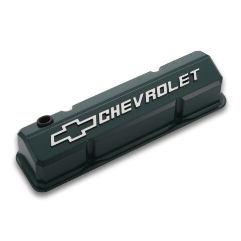 Valve Covers; Slant-Edge Tall; Die Cast; Green w/ Raised Bowtie Logo; SB Chevy