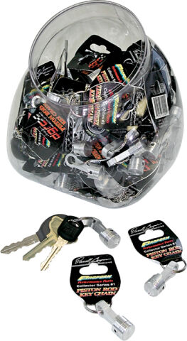 Keychains; Merchandiser with 20 assorted automotive theme keychains; Proform