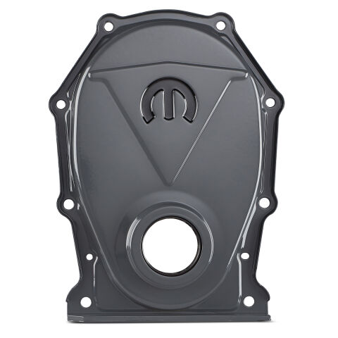 Engine Timing Chain Cover; Shark Gray; Steel; Black MOPAR Logo; B/RB Chrysler