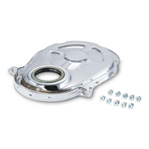 Engine Timing Chain Cover; Chrome; Steel; Fit BB Chevy; Crankshaft Seal Included